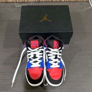 Red and Blue Jordan 1 mid top Sneakers with White Laces